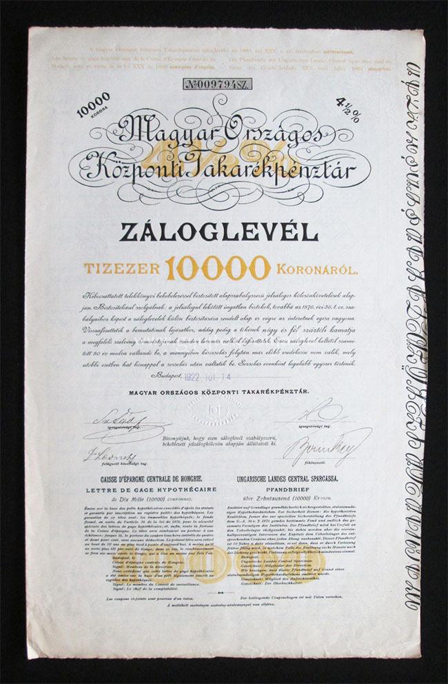 Magyar Országos Központi Takarékpénztár záloglevél 10000 k 1922